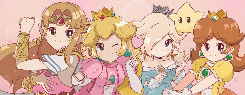 4girls blonde_hair blue_eyes border brooch chocomiru company_connection crossover crown dress earrings highres jewelry looking_at_viewer luma_(mario) mario medium_hair multiple_girls polka_dot princess_daisy princess_peach princess_zelda rosalina smile solo super_smash_bros. the_legend_of_zelda the_legend_of_zelda:_a_link_between_worlds tiara upper_body