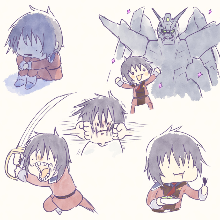 1boy absurdres black_hair chibi destiny_gundam_spec_ii eating fork gundam gundam_seed gundam_seed_destiny gundam_seed_freedom highres imasogari mecha mobile_suit open_mouth punching robot saber_(weapon) science_fiction shinn_asuka simple_background solo sword uniform weapon white_background