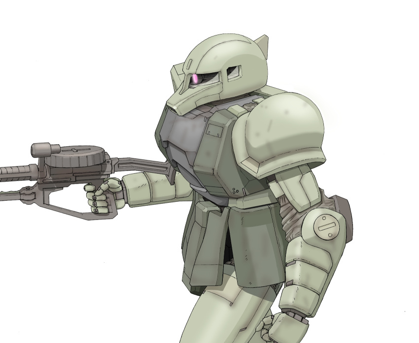 aiming ammunition_box aron_e clenched_hand gun gundam highres machine_gun machinery mecha mobile_suit mobile_suit_gundam no_humans one-eyed robot scope upper_body walking weapon white_background zaku zaku_i zeon