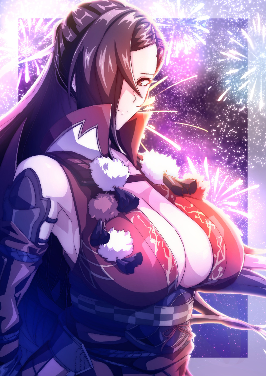 1girl absurdres alternate_costume bare_shoulders breasts brown_eyes brown_hair cleavage closed_mouth detached_sleeves fire_emblem fire_emblem_fates fireworks hair_over_one_eye highres kagero_(fire_emblem) large_breasts long_hair looking_at_viewer night night_sky sky smile solo to_(tototo_tk) upper_body