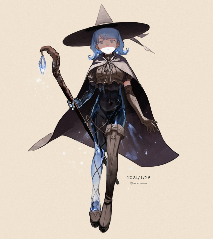 1girl blue_eyes blue_hair boots cloak commentary_request crystal dated elbow_gloves fantasy full_body gloves hat highres holding holding_staff kumomachi original simple_background single_elbow_glove single_thigh_boot solo staff thigh_boots translucent_skin witch witch_hat