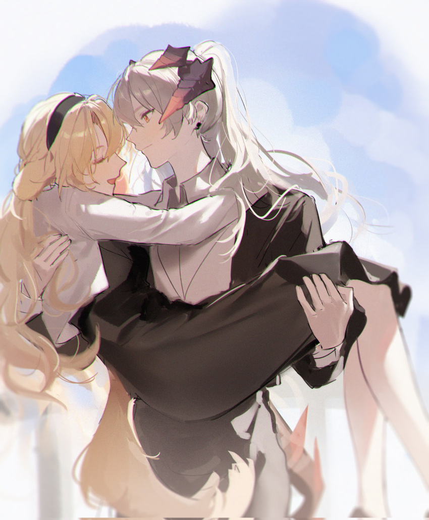 2girls animal_ears arknights arms_around_neck black_dress black_jacket blonde_hair carrying closed_eyes closed_mouth commentary cropped_jacket dog_ears dog_girl dog_tail dragon_girl dragon_horns dragon_tail dress droopy_ears english_commentary grey_hair grey_jacket grey_shirt highres horns jacket joshua_(shisanli934) kristen_(arknights) long_hair long_sleeves multiple_girls open_mouth orange_eyes outdoors princess_carry saria_(arknights) shirt standing tail yuri