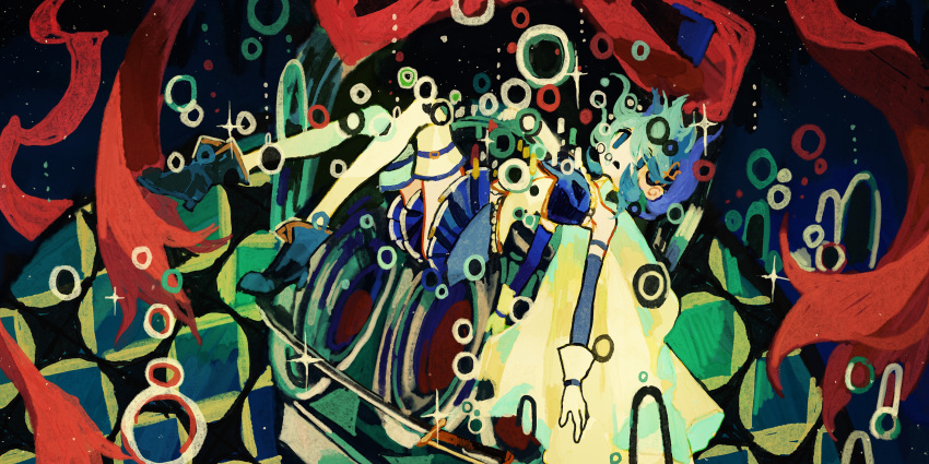 1girl abstract_background absurdres asterfield_(meiar) bare_shoulders blue_eyes blue_footwear blue_hair blue_skirt boots bubble cape detached_sleeves floating floating_hair gloves hair_ornament highres magical_girl mahou_shoujo_madoka_magica mahou_shoujo_madoka_magica_(anime) miki_sayaka musical_note musical_note_hair_ornament open_mouth pleated_skirt short_hair skirt solo sparkle sword thighhighs weapon white_gloves