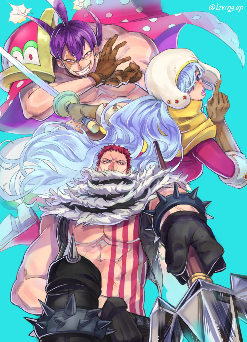 2boys abs aqua_background armlet bare_arms bare_shoulders black_gloves black_pants black_vest blue_eyes blue_hair brother_and_sister brothers brown_gloves burn_scar cape charlotte_cracker charlotte_katakuri charlotte_smoothie chest chest_tattoo covered_mouth elbow_gloves evil_grin evil_smile foreshortening gloves grin hair_between_eyes hair_over_one_eye half-closed_eyes highres holding holding_spear holding_sword holding_weapon index_finger_raised lips living_(pixiv5031111) long_hair long_sleeves looking_at_viewer looking_back looking_down multiple_boys muscle one_piece open_clothes open_vest outstretched_arm pants parted_lips polearm polka_dot purple_eyes purple_hair purple_lips red_eyes red_hair scar scar_across_eye scarf scarf_over_mouth shirtless short_hair siblings simple_background smile spear spiked_armlet spikes stitches stomach_tattoo sword tattoo twintails twitter_username very_long_hair vest weapon
