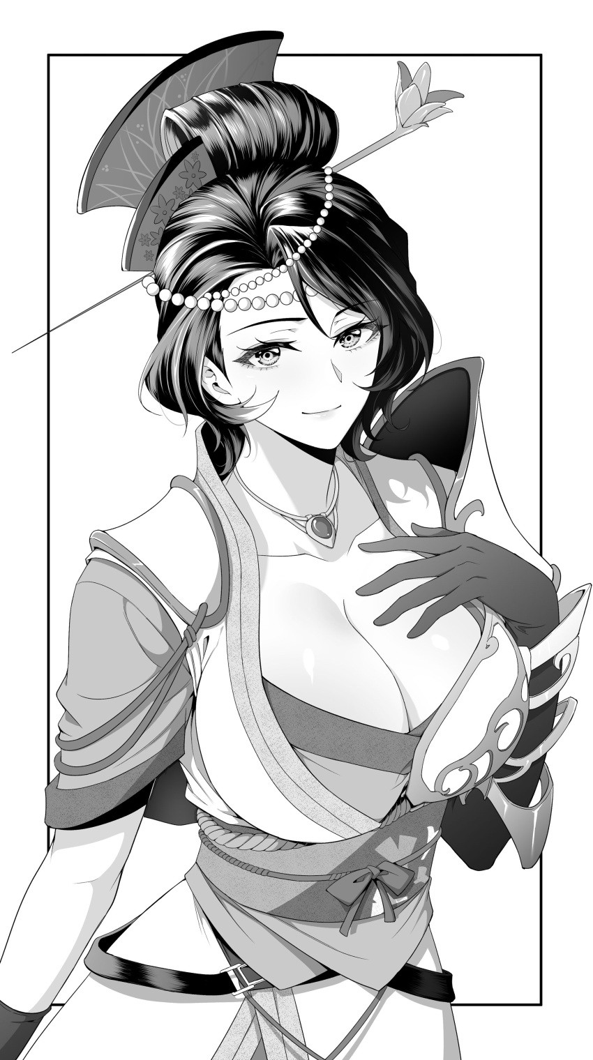 1girl absurdres armor asymmetrical_gloves black872233196 breasts cleavage closed_mouth collarbone elbow_gloves folded_hair gloves greyscale hair_ornament hair_stick highres japanese_clothes jewelry large_breasts lips looking_at_viewer monochrome nagi_(toukiden) necklace obi sash short_sleeves shoulder_armor smile toukiden upper_body white_background