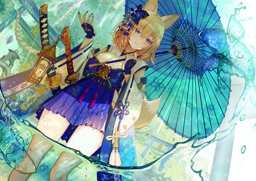 1girl animal_ear_fluff animal_ears blonde_hair blue_bow blue_eyes blue_nails blue_skirt blush bow commentary_request dutch_angle feet_out_of_frame fox_ears fox_girl fox_tail hair_bow hair_ornament highres holding holding_umbrella ito_lab japanese_clothes kimono kimono_skirt kitsune looking_at_viewer medium_hair nail_polish oil-paper_umbrella original outdoors parted_lips pleated_skirt rope skirt solo sword tachi_(weapon) tail tassel thighs torii transparent_fish umbrella umbrella_over_shoulder wading water water_drop weapon wide_sleeves