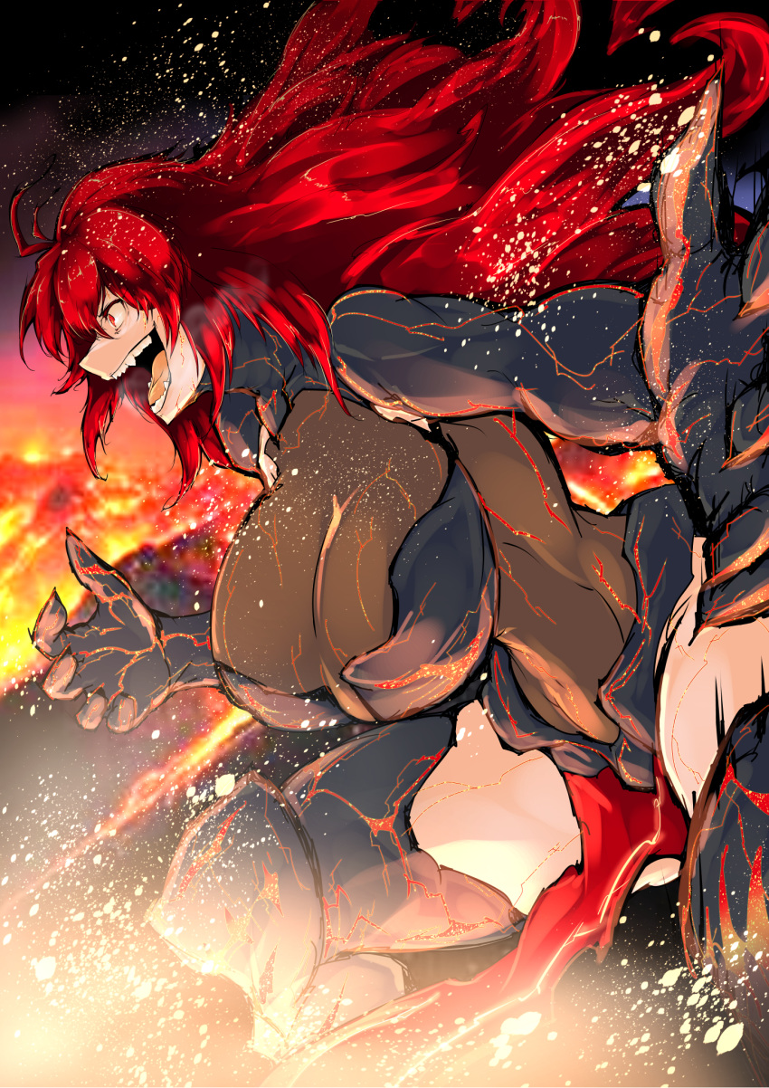 1girl ahoge arm_armor armor armored_bodysuit armored_boots armored_leotard black_armor bodystocking boobplate boots breasts cleavage covered_navel dandara_(karakure) goddess_of_victory:_nikke hair_between_eyes highres huge_breasts long_hair nihilister_(nikke) open_mouth red_eyes red_hair see-through see-through_cleavage sidelocks smile solo teeth torn_bodystocking torn_clothes