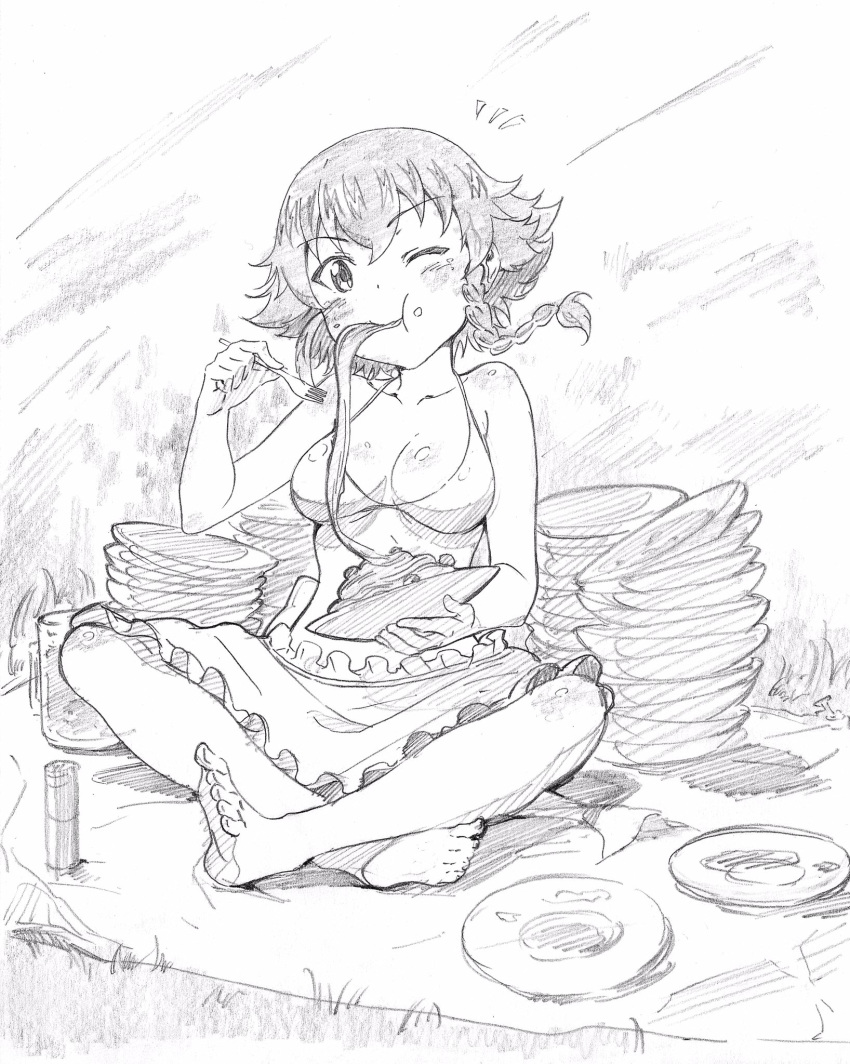 :t apron bangs barefoot bikini braid breasts cleavage closed_mouth collarbone commentary cup eating eyebrows_visible_through_hair food full_body girls_und_panzer head_tilt highres holding holding_food holding_plate looking_at_viewer medium_breasts mug notice_lines one_eye_closed pasta pepperoni_(girls_und_panzer) picnic pink_x plate short_hair side_braid sitting solo swimsuit waist_apron