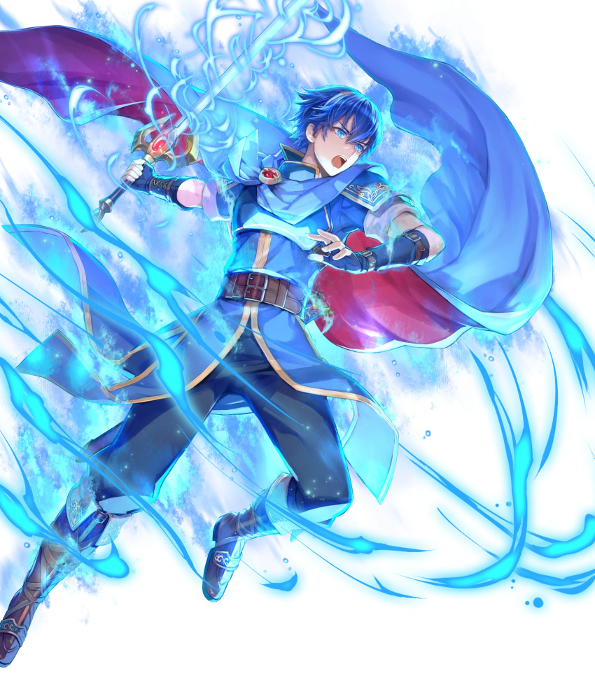 1boy attack aura blue_aura blue_cape blue_eyes blue_hair cape fingerless_gloves fire_emblem fire_emblem:_mystery_of_the_emblem fire_emblem_engage fire_emblem_heroes floating gloves glowing glowing_weapon highres holding holding_sword holding_weapon marth_(emblem)_(fire_emblem) marth_(fire_emblem) multicolored_cape multicolored_clothes non-web_source open_mouth red_cape solo sword tiara weapon