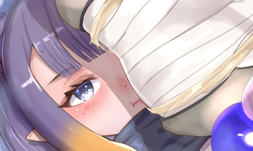 2girls :t artist_name black_coat blonde_hair blue_eyes blunt_bangs blush breast_envy breasts coat dress gradient_hair hair_ornament half-closed_eyes hololive hololive_english lap_pillow large_breasts long_hair meldrik mole mole_under_eye multicolored_hair multiple_girls ninomae_ina'nis orange_hair planet_hair_ornament pointy_ears pout purple_hair ribbed_dress scene_reference sidelocks sousou_no_frieren tentacle_hair tsukumo_sana upper_body virtual_youtuber white_dress