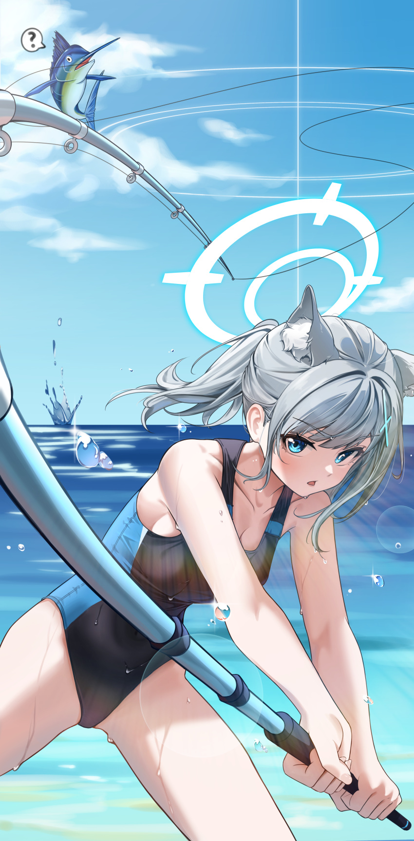 1girl absurdres animal_ear_fluff animal_ears bare_arms bare_shoulders black_one-piece_swimsuit blue_archive blue_eyes blue_halo blue_sky breasts cleavage cloud cloudy_sky collarbone commentary competition_swimsuit cross cross_hair_ornament fishing fishing_rod grey_hair hair_ornament halo highres holding holding_fishing_rod horizon inverted_cross korean_commentary looking_at_viewer medium_breasts mismatched_pupils ocean official_alternate_costume one-piece_swimsuit open_mouth ponytail samgong shiroko_(blue_archive) shiroko_(swimsuit)_(blue_archive) sky swimsuit water_drop wet wet_clothes wet_swimsuit wolf_ears wolf_girl