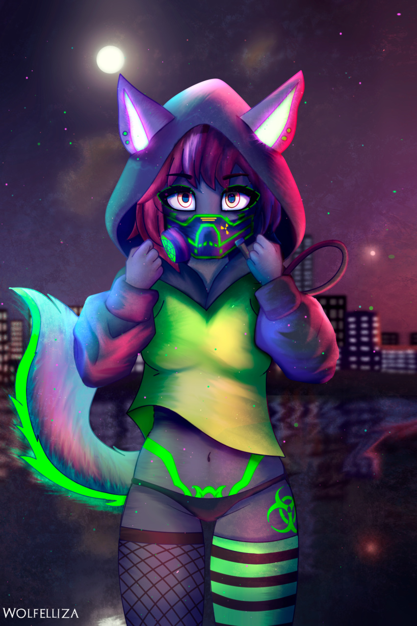 anthro belly black_clothing black_panties black_underwear blurred_background bottomless city city_background cityscape clothed clothing cloud detailed_background ear_piercing female female_focus fishnet fur gas_mask green_body green_clothing green_fur green_legwear grey_body grey_fur hi_res holding_clothing holding_hoodie holding_object holding_topwear hoodie hoodie_only legwear looking_at_viewer mask moon night panties pattern_clothing pattern_legwear piercing radiation_symbol reflections sea solo standing striped_clothing striped_legwear stripes symbol topwear topwear_only underwear water wolfelliza yellow_eyes