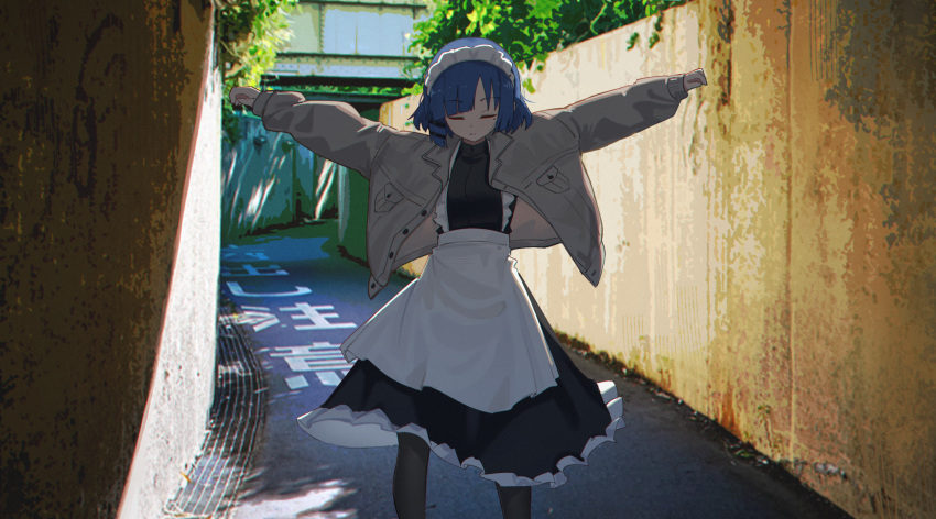 1girl alternate_costume black_thighhighs blue_hair bocchi_the_rock! brown_coat closed_eyes closed_mouth coat commentary day english_commentary enmaided hair_ornament hairclip highres jl_tan long_sleeves maid maid_headdress outdoors pantyhose short_hair solo thighhighs yamada_ryo