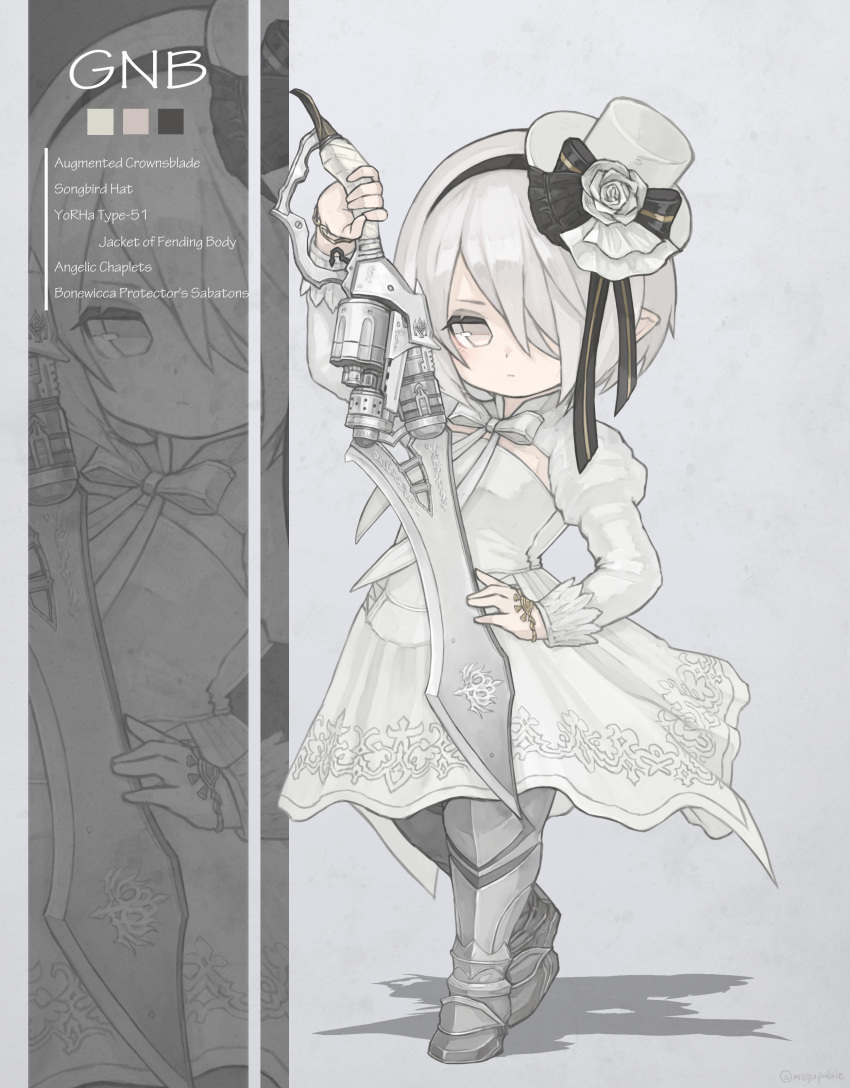 1girl 2b_(nier:automata) 2b_(nier:automata)_(cosplay) absurdres armor ascot black_ascot cleavage_cutout clothing_cutout cosplay dress english_text final_fantasy final_fantasy_xiv flat_chest flower full_body greaves gunblade gunbreaker_(final_fantasy) hair_over_one_eye hat hat_flower hat_ribbon highres holding holding_weapon lalafell mini_hat mini_top_hat multiple_views neck_ribbon pointy_ears puffy_sleeves puluie ribbon shadow short_hair simple_background top_hat warrior_of_light_(ff14) weapon white_ascot white_dress white_eyes white_flower white_headwear white_ribbon