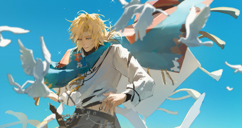 1boy absurdres aqua_eyes bird black_undershirt blonde_hair blue_cloak blue_sky blurry cloak cowboy_shot curtained_hair day depth_of_field feather_necklace floating_clothes grey_pants happy highres hryc2344 jewelry lars_rorschach long_sleeves looking_at_animal lovebrush_chronicles low_ponytail male_focus medium_hair midriff_peek necklace pants parted_bangs parted_lips seagull shirt sky smile solo sparkle tassel teeth torn_clothes torn_shirt turtleneck undershirt upper_teeth_only white_shirt