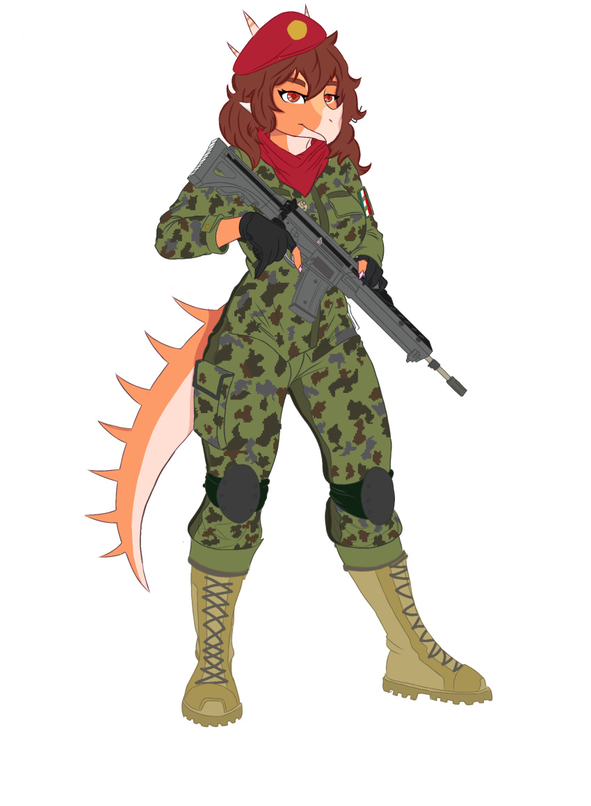 5_fingers absurd_res alpha_channel anthro aquilops automatic_weapon beret boots breasts brown_hair camo camo_clothing camo_print ceratopsian claws clothing dinosaur emblem facial_horn female finger_claws fingers footwear gloves goodbye_volcano_high gun hair handwear hat head_spikes headgear headwear hi_res holding_gun holding_object holding_rifle holding_weapon horn insignia kerchief knee_pads lidded_eyes long_hair long_tail looking_at_viewer mexican_flag neckerchief nose_horn orange_body orange_scales ornithischian pattern_clothing prometheuzone ranged_weapon red_eyes reptile rosa_(gvh) scales scalie shirt simple_background smile snoot_game solo spiked_tail spikes spikes_(anatomy) standing tail tan_body tan_scales topwear transparent_background weapon wide_hips