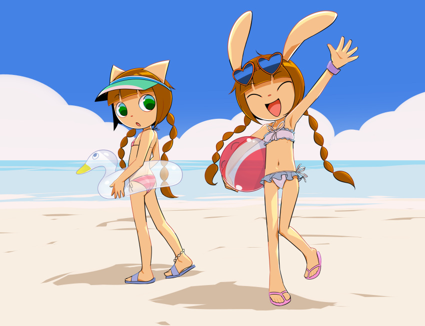 2girls :o absurdres animal_ears anklet ball beach beachball bikini blunt_bangs bracelet braid brown_hair cat_ears closed_eyes day dot_nose english_commentary eyewear_on_head green_eyes heart heart-shaped_eyewear highres holding holding_ball horizon innertube jewelry mimi_(pop'n_music) multiple_girls navel nyami_(pop'n_music) ocean outdoors pestil pop'n_music rabbit_ears sandals siblings standing standing_on_one_leg swim_ring swimsuit twin_braids twins visor_cap waving