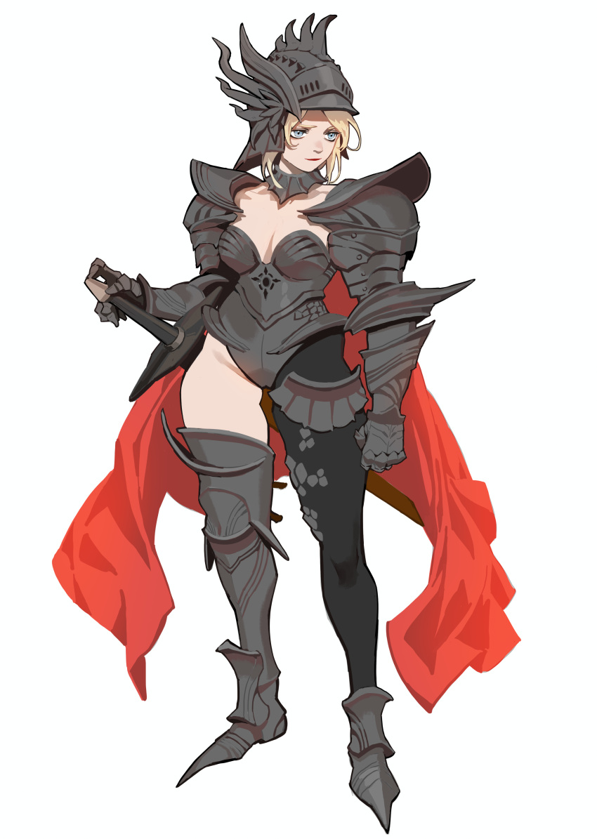 1girl absurdres arm_at_side armor armored_boots black_pantyhose blonde_hair blue_eyes boots breasts cape closed_mouth commentary english_commentary full_armor full_body gauntlets grey_armor grey_leotard hand_up helmet highres knight leotard looking_to_the_side medium_breasts ori_dal original pantyhose pauldrons plate_armor red_cape revealing_clothes sheath sheathed short_hair shoulder_armor simple_background single_leg_pantyhose smile solo standing sword thigh_boots weapon white_background winged_helmet