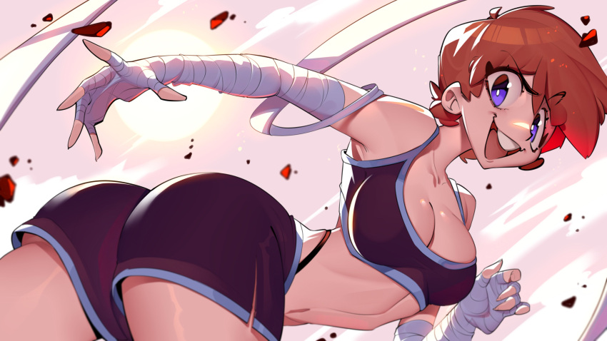 1girl absurdres ass bandaged_arm bandages bellboy_(freaked_fleapit) bent_over blue_eyes breasts cleavage freaked_fleapit_(game) freakedfleapit highres looking_at_viewer midriff navel open_mouth orange_hair panty_straps short_hair shorts sports_bra sun tomboy