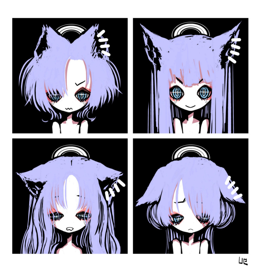 +_+ 4girls animal_ear_piercing animal_ears artist_request can_(crymachina) check_artist crymachina flat_color floppy_ears halo hayat_(crymachina) hayim_(crymachina) highres multiple_girls nude official_art purple_hair second-party_source simple_background symbol-shaped_pupils ueda_hajime vida_(crymachina)