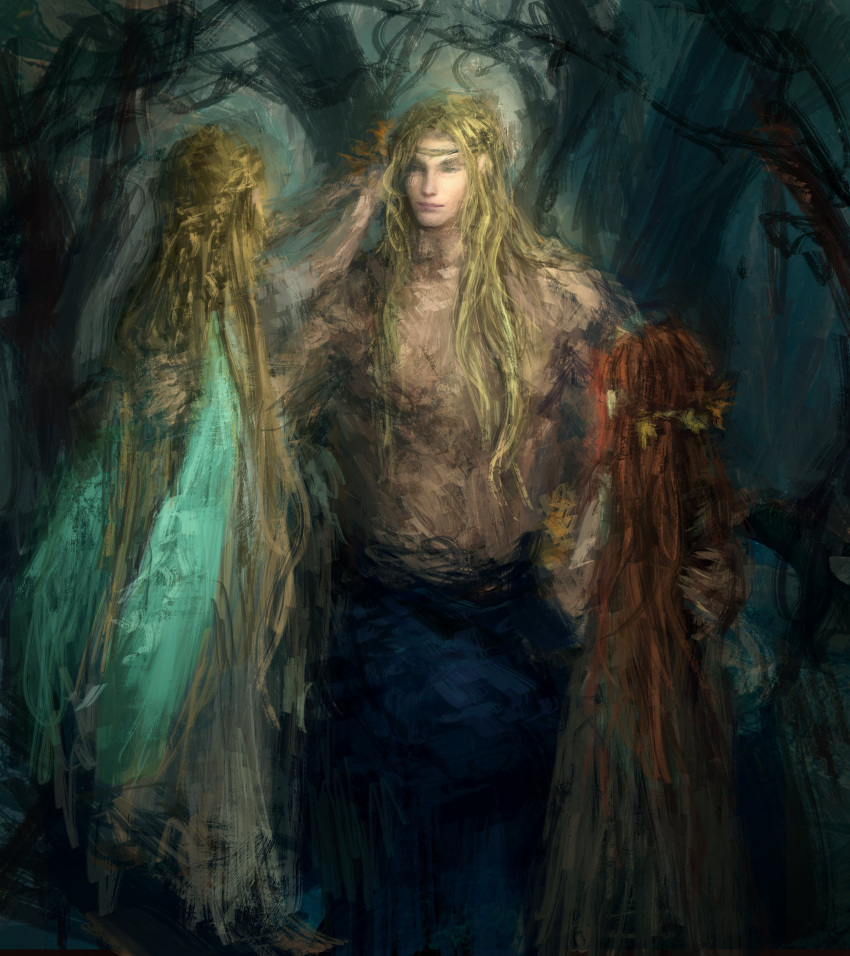 1girl 2boys absurdres aged_down all_lee24 blonde_hair braid dress elden_ring godwyn_the_golden gold_circlet graphite_(medium) half-siblings highres holding jewelry light_smile long_hair malenia_blade_of_miquella miquella_(elden_ring) multiple_boys prince red_hair siblings sketch smile topless_male traditional_media white_tunic