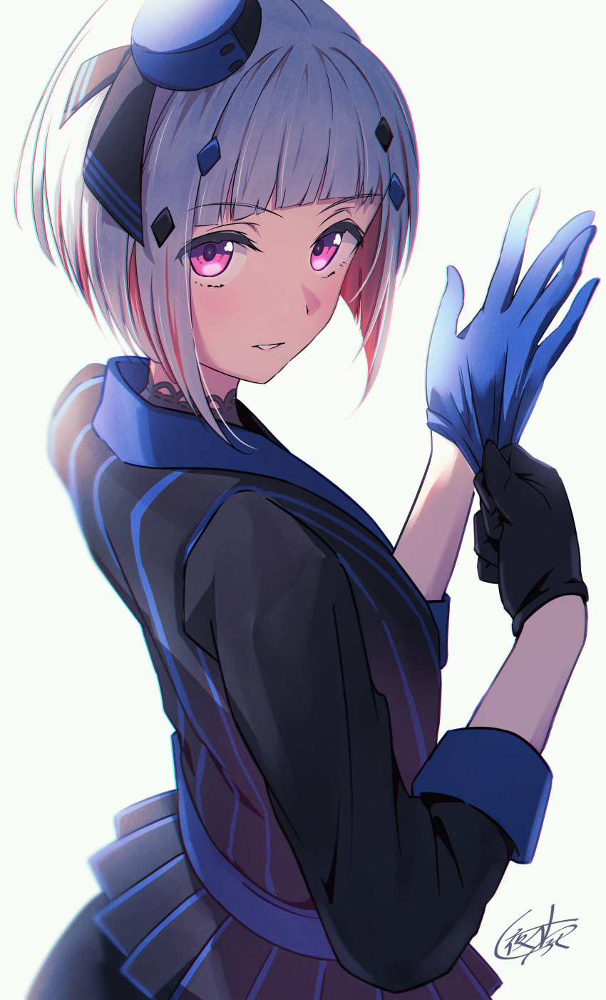 1girl absurdres adjusting_clothes adjusting_gloves asymmetrical_bangs asymmetrical_gloves black_gloves black_jacket blue_gloves blue_headwear bob_cut colored_inner_hair gloves grey_hair hair_ornament hat highres jacket link!_like!_love_live! long_sleeves looking_at_viewer love_live! mini_hat mismatched_gloves multicolored_hair parted_lips pink_eyes red_hair short_hair signature solo standing striped_clothes striped_jacket tilted_headwear upper_body white_background yatoroku yugiri_tsuzuri