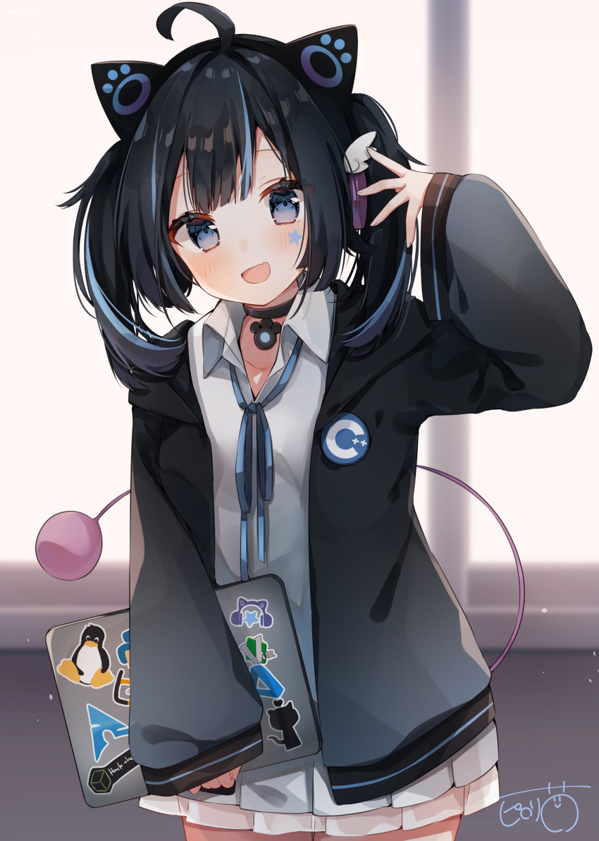 1girl absurdres animal_ears black_hair blue_eyes blue_hair cat_ears cyan_nyan heripiro highres indie_virtual_youtuber multicolored_hair solo thighs two-tone_hair virtual_youtuber