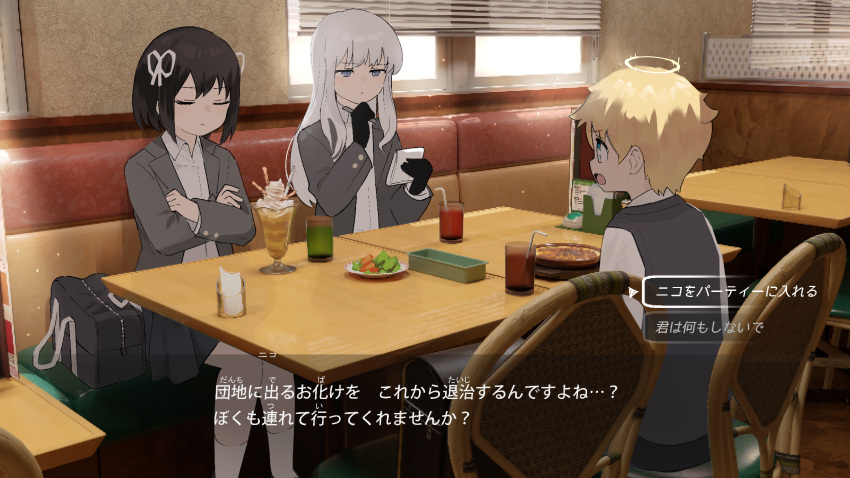 1boy 2girls absurdres bag black_gloves black_hair blazer blonde_hair blue_eyes commentary_request crossed_arms dialogue_options drink drinking_straw gloves grey_jacket halo hand_on_own_chin highres holding holding_notepad indoors jacket long_hair lost_property_control_organization_(samidare) multiple_girls notepad on_chair original profile restaurant samidare_(hoshi) school_bag school_uniform shirt short_hair sitting thinking translation_request white_hair white_shirt yellow_halo