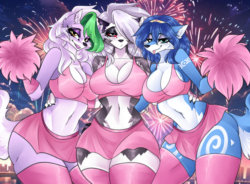anthro big_breasts bottomwear breasts canid canid_demon canine cheerleader claws clothing crop_top demon ears_back ears_up eyeshadow female female/female five_nights_at_freddy's five_nights_at_freddy's:_security_breach fluffy fluffy_tail fox gloves group hair handwear happy hellhound helluva_boss hi_res james_andromeda krystal leggings legwear long_hair looking_at_viewer loona_(helluva_boss) makeup mammal navel nintendo pink_clothing pinup pivoted_ears pose roxanne_wolf_(fnaf) scottgames seductive shirt skirt smile star_fox steel_wool_studios tail teeth thick_thighs tongue topwear trio wide_hips