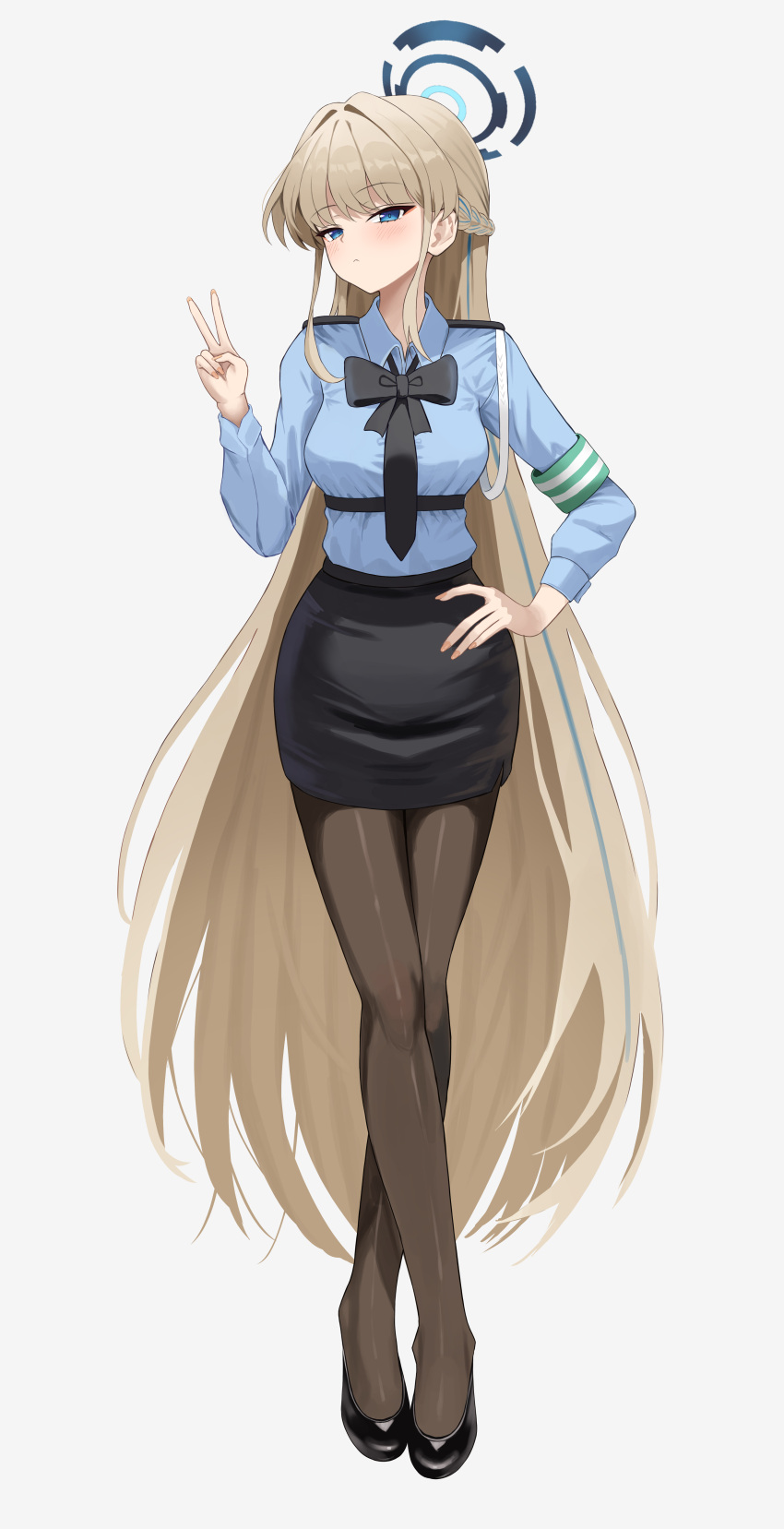 1girl absurdres armband black_footwear black_necktie black_pantyhose black_skirt blonde_hair blue_archive blue_eyes blue_hair blue_halo blue_shirt blush braid closed_mouth collared_shirt crossed_legs dubeaduver green_armband halo hand_on_own_hip highres legs long_hair long_sleeves looking_at_viewer multicolored_hair necktie pantyhose pencil_skirt police police_uniform policewoman shirt shoes skirt solo streaked_hair toki_(blue_archive) uniform v