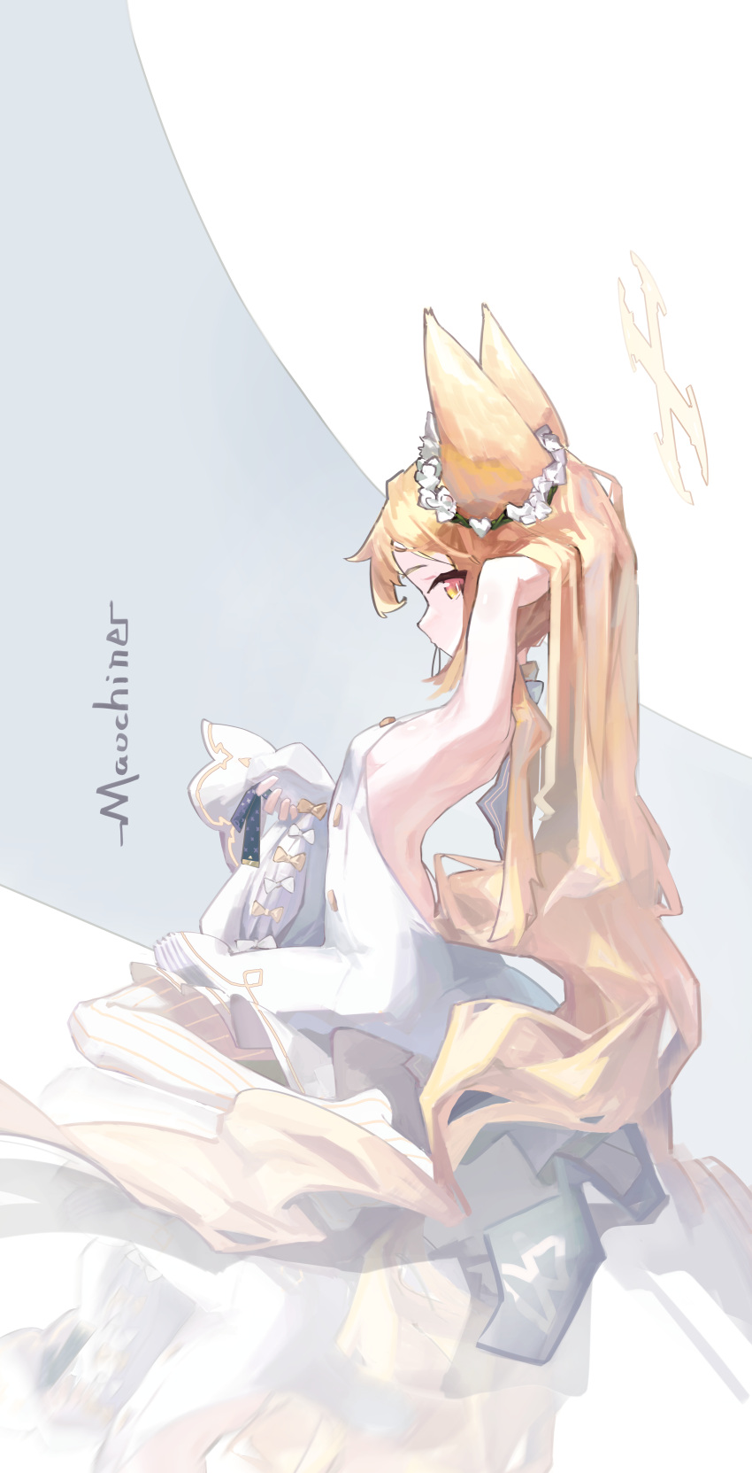1girl absurdres animal_ears armpits artist_name blonde_hair blue_archive breasts dress flower grey_background hair_flower hair_ornament halo highres long_hair looking_at_viewer maochiner pantyhose seia_(blue_archive) sideboob sideless_dress sideless_outfit sitting small_breasts solo striped_clothes striped_pantyhose two-tone_background vertical-striped_clothes vertical-striped_pantyhose very_long_hair white_background white_dress white_flower white_pantyhose yellow_eyes yellow_halo