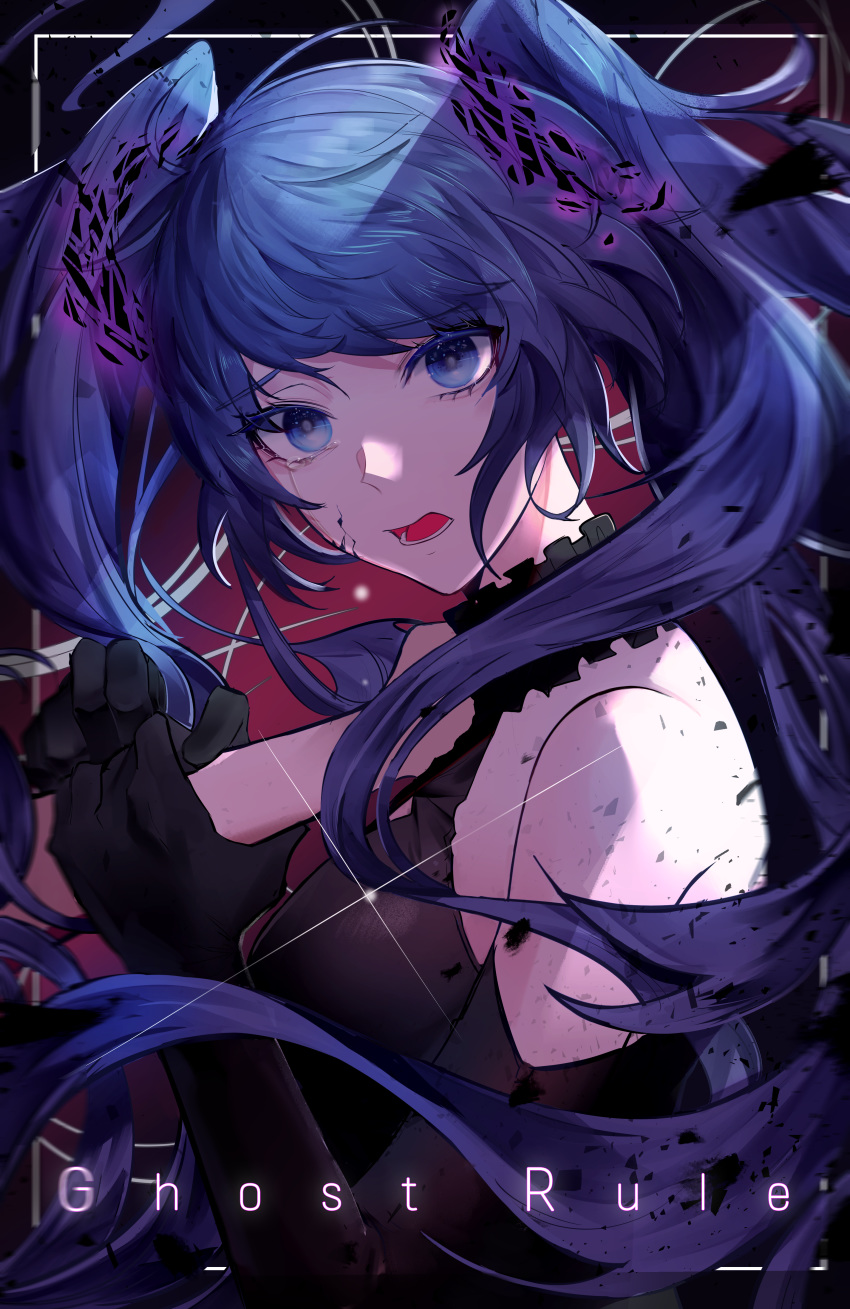 absurdres bare_shoulders black_dress blue_eyes blue_hair cizzi crack crying crying_with_eyes_open detached_sleeves dress elbow_gloves floating_hair ghost_rule_(vocaloid) gloves hatsune_miku highres huge_filesize long_hair looking_at_viewer open_mouth solo song_name tears twintails upper_body very_long_hair vocaloid