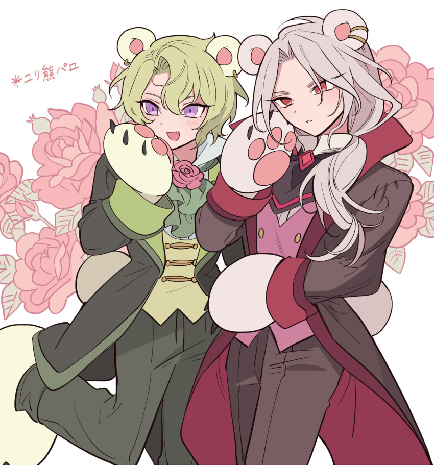 2boys animal_ears animal_hands ascot bear_boy bear_ears bear_paws black_jacket coattails collared_shirt commentary_request cosplay ensemble_stars! feet_out_of_frame floral_background flower gloves green_ascot green_hair green_jacket green_pants grey_hair hair_between_eyes hand_up highres jacket kemonomimi_mode long_hair long_sleeves looking_at_viewer male_focus meremero multiple_boys open_mouth pants parted_lips paw_gloves paw_shoes pink_flower pink_rose purple_eyes ran_nagisa red_eyes red_flower red_rose rose shirt short_hair smile standing standing_on_one_leg tomoe_hiyori translation_request white_shirt yuri_kuma_arashi