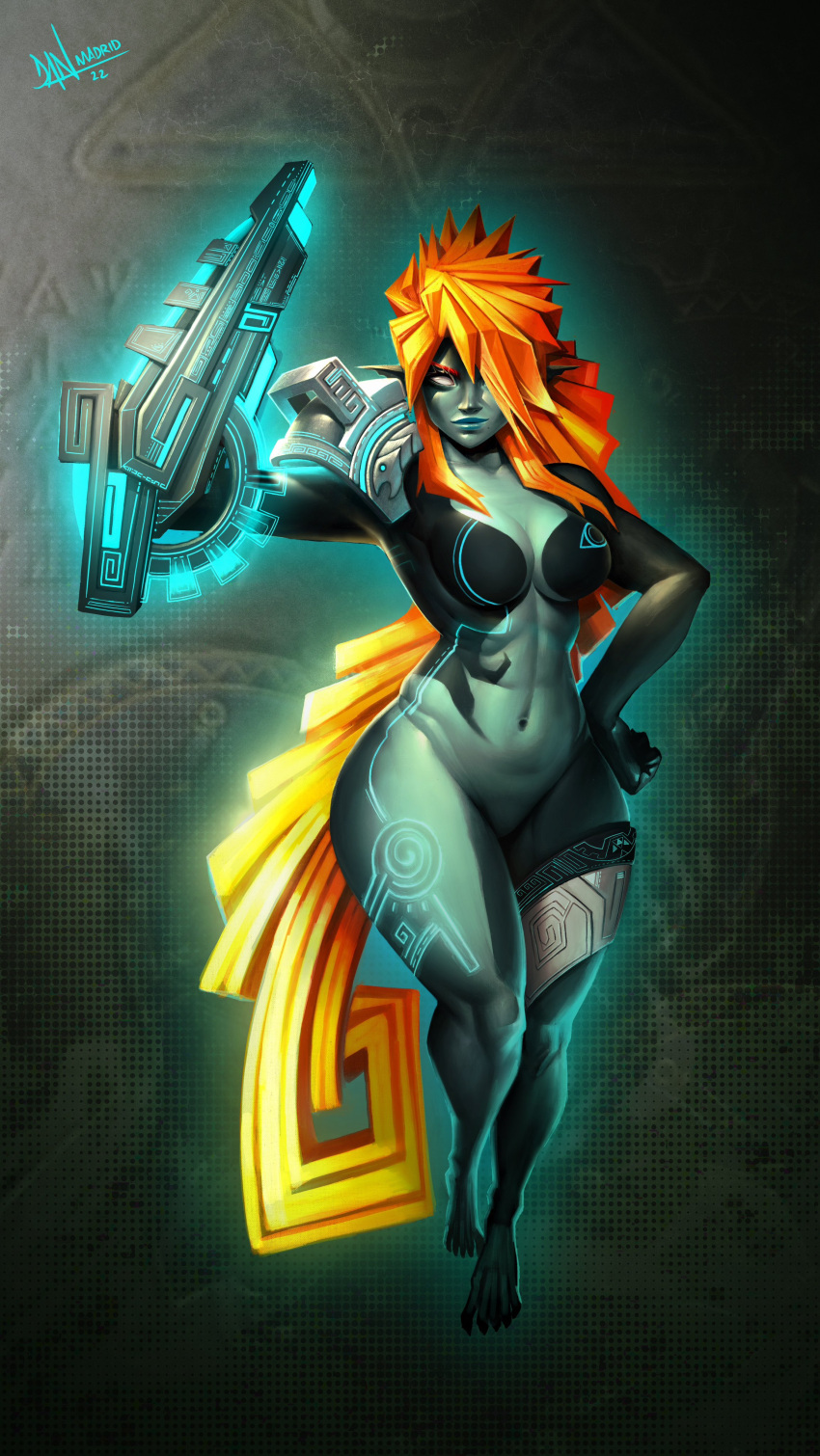 1girl absurdres arm_cannon armor assault_visor black_skin bodypaint breasts colored_skin covered_face curvy danderfull english_commentary fake_horns floating fusion grey_skin hand_on_own_hip helmet highres horned_helmet horns long_hair medium_breasts metroid midna navel neon_trim orange_hair painted_clothes pauldrons samus_aran shoulder_armor single_pauldron solo the_legend_of_zelda the_legend_of_zelda:_twilight_princess thick_thighs thighs varia_suit very_long_hair weapon