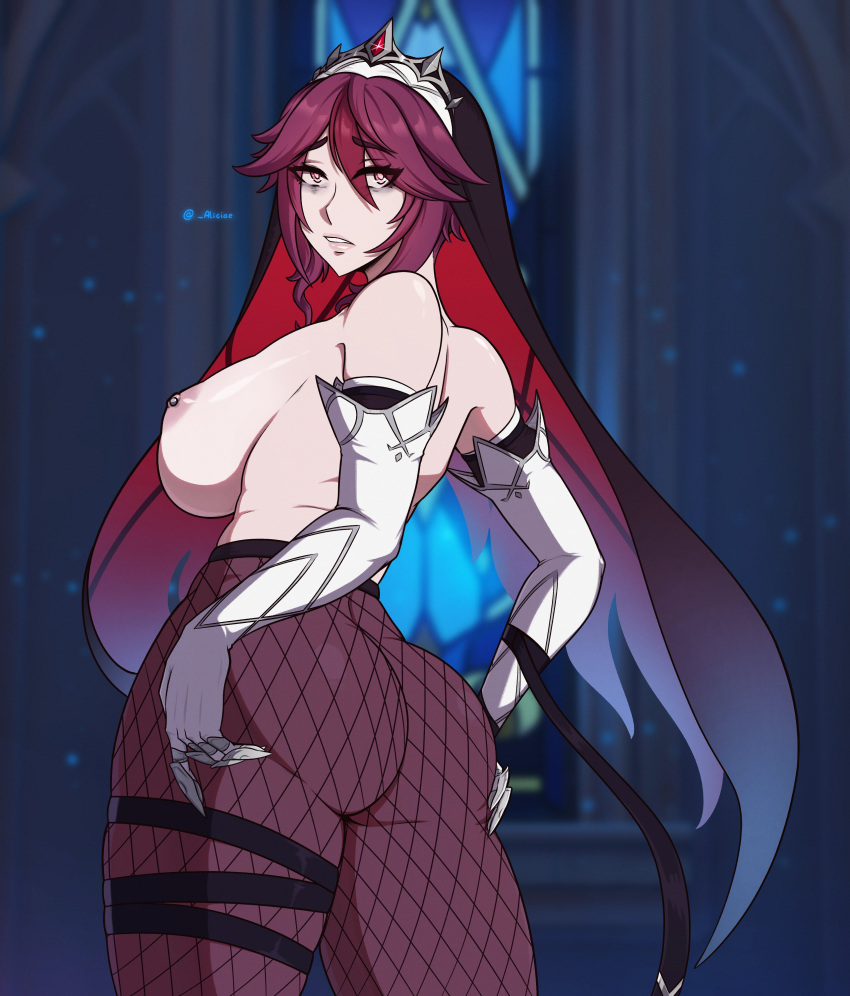 1girl absurdres aliciae ass breasts detached_sleeves fishnets genshin_impact highres huge_ass large_breasts looking_at_viewer looking_back nipple_piercing nun pale_skin piercing pink_eyes purple_hair rosaria_(genshin_impact)