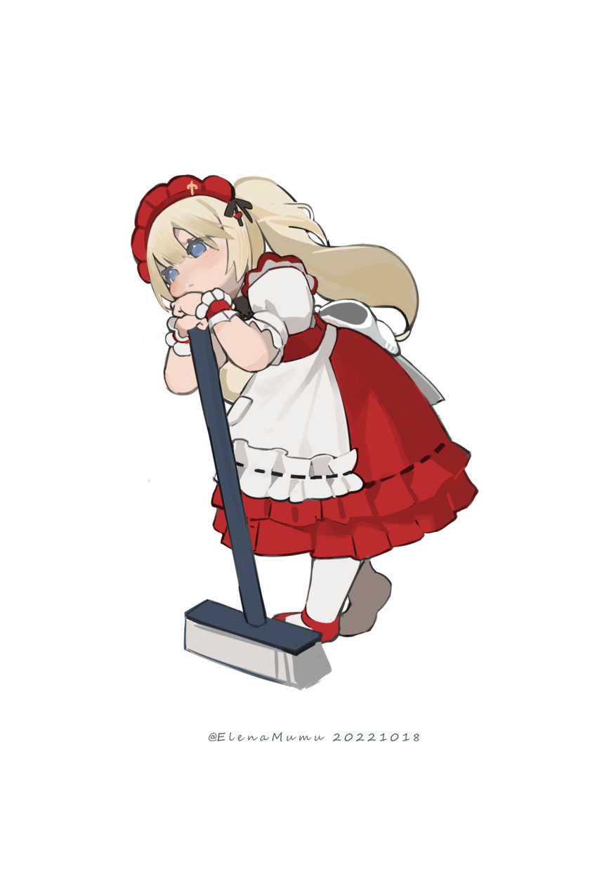 1girl apron blonde_hair broom dress elena_zao final_fantasy final_fantasy_xiv flat_chest frilled_dress frills full_body highres holding holding_broom lalafell large_ribbon leaning_on_broom leaning_to_the_side maid maid_apron maid_headdress red_dress red_footwear red_headdress ribbon scrunchie signature simple_background solo twintails waist_ribbon warrior_of_light_(ff14) white_background white_ribbon wrist_scrunchie