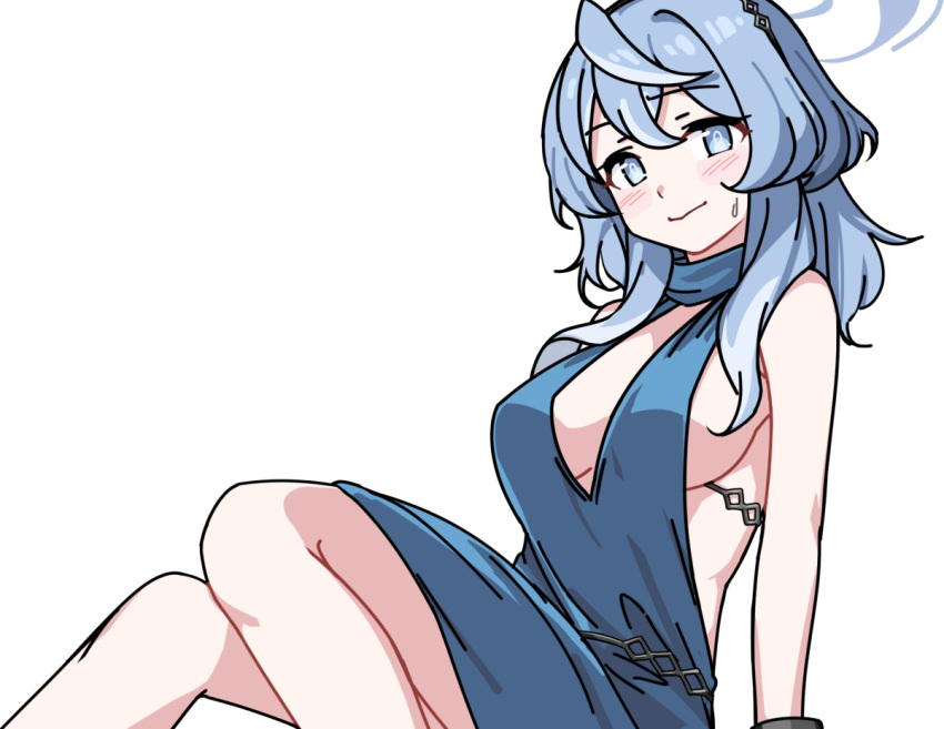 1girl ako_(blue_archive) ako_(dress)_(blue_archive) backless_dress backless_outfit bare_arms bare_legs blue_archive blue_dress blue_eyes blue_hair blush breasts dress hair_between_eyes halo long_hair looking_at_viewer no_bra official_alternate_costume plunging_neckline saiste sideboob sideless_dress simple_background sitting sleeveless sleeveless_dress solo sweatdrop white_background