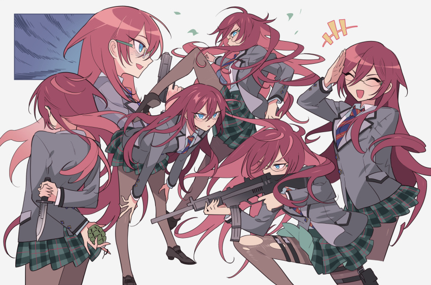 1girl :d assault_rifle blue_eyes brown_pantyhose closed_eyes collared_shirt combat_knife cropped_legs cropped_torso dynamic_pose ensemble_stars! explosive facing_away facing_viewer from_behind genderswap genderswap_(mtf) glasses green_skirt grenade grenade_pin grey_jacket gun hair_between_eyes hand_up hands_on_own_legs holding holding_grenade holding_gun holding_knife holding_weapon jacket knife leaning_forward leg_up long_hair long_sleeves looking_at_viewer meremero multiple_views open_mouth pantyhose plaid plaid_skirt pleated_skirt profile red_hair rifle saegusa_ibara salute school_uniform shirt shuetsu_school_uniform skirt smile thigh_pouch thigh_strap torn_clothes torn_pantyhose very_long_hair weapon wind