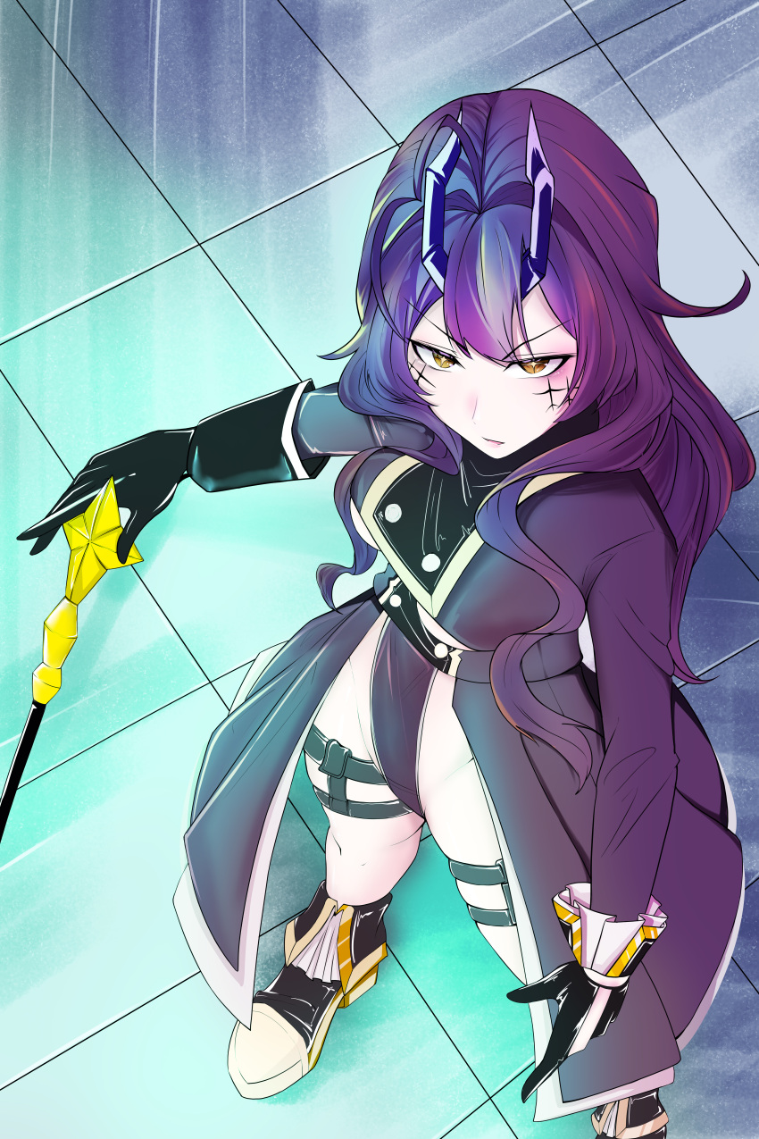 1girl absurdres ayamiya backward_facing_horns blue_horns boots closed_mouth coat cross_facial_mark from_above highleg highleg_leotard highres hiiragi_utena horns legs_apart leotard long_hair magia_baiser mahou_shoujo_ni_akogarete purple_coat purple_hair purple_leotard riding_crop solo standing star-shaped_pupils star_(symbol) symbol-shaped_pupils thigh_strap