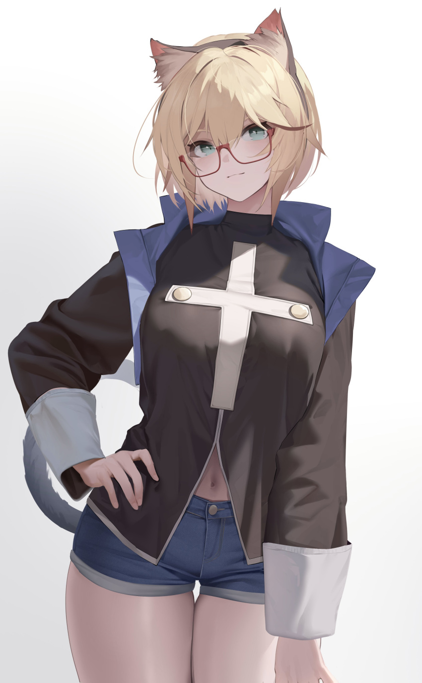 1girl absurdres animal_ear_fluff animal_ears blonde_hair blue_jacket blue_shorts breasts cat_ears cat_girl cat_tail cowboy_shot cropped_jacket glasses green_eyes highres jacket long_sleeves looking_at_viewer navel nine_(kanine41) original shirt short_hair shorts smile solo tail white_background
