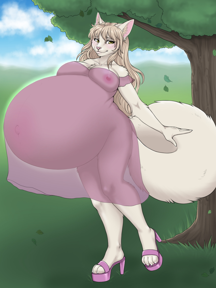 ajna anthro belly big_belly blush clothing domestic_cat dress felid feline felis female footwear furry hi_res high_heels invalid_tag mammal maternity nipples pregnant sheer_clothes