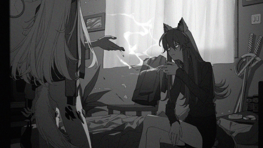2girls animal_ear_fluff animal_ears arknights bare_legs between_fingers cigarette clock closed_mouth commentary_request couch cowboy_shot crossed_legs curtains dress expressionless fingernails from_behind greyscale hair_over_shoulder hand_on_own_leg head_out_of_frame highres holding holding_cigarette indoors lappland_(arknights) light_switch living_room long_hair long_sleeves looking_at_another monochrome multiple_girls on_couch outstretched_hand pants plant potted_plant shirt short_dress sitting smoke straight_hair sword table tail texas_(arknights) towel turtleneck_dress void(0)_(dvvtfxbnn) wall_clock weapon window wolf_ears wolf_tail