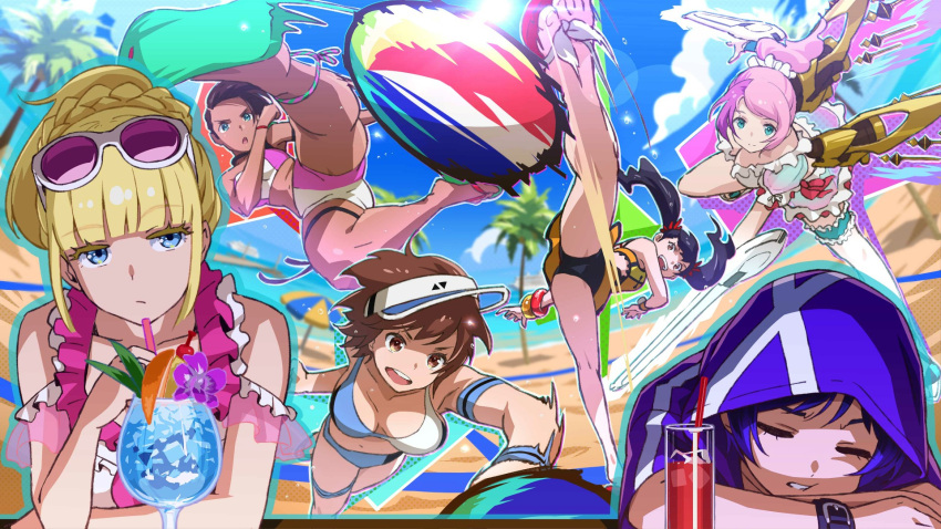 6+girls alisa_boskonovich arm_blade artist_request azucena_milagros_ortiz_castillo ball beach beach_umbrella beachball bikini blonde_hair blue_eyes breasts brown_eyes cup drinking_glass drinking_straw high_kick highres hood kazama_asuka kicking lili_(tekken) ling_xiaoyu mechanical_wings motion_blur multiple_girls official_art open_mouth palm_tree pink_hair purple_hair reina_(tekken) sandals sleeping swimsuit teeth tekken tekken_8 third-party_source thrusters tree twintails umbrella upper_teeth_only visor_cap weapon wings