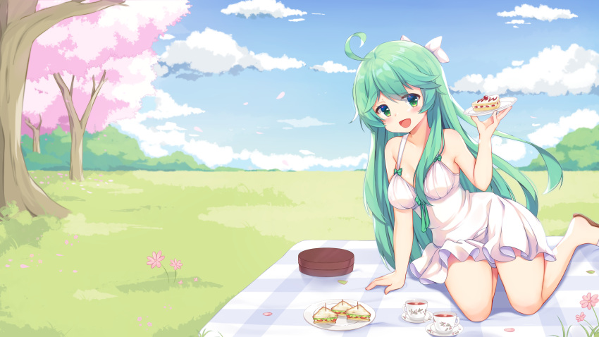 1girl absurdres bare_shoulders blue_sky blush breasts cake cherry_blossoms cloud day dress flower food grass green_eyes green_hair hair_between_eyes hair_ornament hair_ribbon highres holding long_hair looking_at_viewer mascot medium_breasts nyatrix open_mouth outdoors picnic ribbon rule34.xxx rule_34-tan sitting sky smile solo tree very_long_hair white_dress