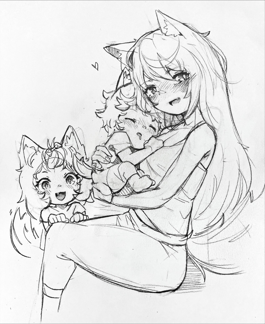 1boy 2girls animal_ear_fluff animal_ears blush breasts carrying carrying_person cleavage commentary dog_ears dog_girl dog_tail drooling english_commentary fang graphite_(medium) greyscale heart highres long_hair looking_at_viewer medium_breasts monochrome mother_and_daughter mother_and_son mouth_drool multiple_girls nose_blush open_mouth original renocoffee sitting sleeping tail tank_top traditional_media