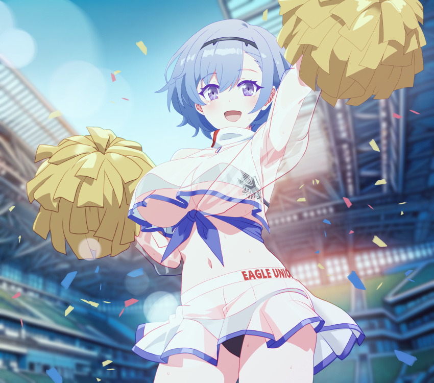 1girl arbiter1 armpits azur_lane black_bra black_panties bra breasts cheerleader cowboy_shot crop_top crop_top_overhang eagle_union_(emblem) highres holding holding_pom_poms large_breasts long_sleeves looking_at_viewer microskirt midriff navel official_alternate_costume open_mouth panties pom_pom_(cheerleading) purple_eyes purple_sash reno_(azur_lane) reno_(biggest_little_cheerleader)_(azur_lane) sash see-through see-through_shirt see-through_skirt skirt solo underboob underwear