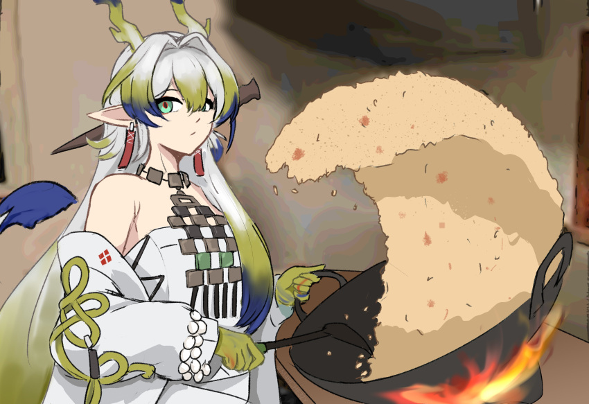 1girl absurdres arknights bare_shoulders blonde_hair blue_hair breasts chez_(m4hche3zy) coat commentary dragon_girl dragon_horns dragon_tail english_commentary fire food fried_rice fried_rice_prank_(meme) gradient_hair green_eyes grey_hair highres holding holding_spatula horns long_hair meme multicolored_hair off_shoulder pointy_ears shu_(arknights) small_breasts solo spatula strapless tail tube_top white_coat white_tube_top wok