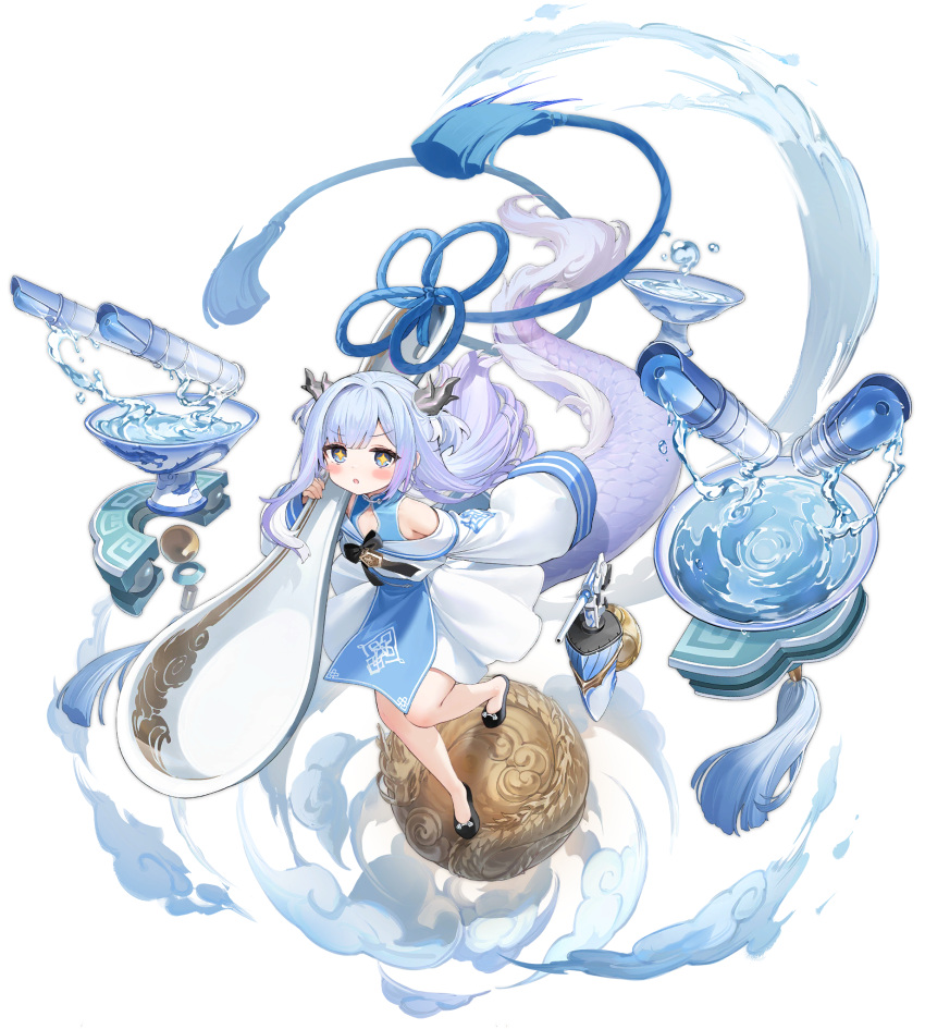 +_+ 1girl adapted_weapon anchor_symbol azur_lane bare_shoulders black_footwear blue_dress blue_eyes blue_hair blush blush_stickers china_dress chinese_clothes chinese_spoon dragon_girl dragon_horns dragon_tail dress from_above gradient_hair hair_ornament highres holding holding_spoon horns huge_spoon layered_dress long_hair long_sleeves looking_at_viewer lung_wu_(azur_lane) multicolored_hair off-shoulder_dress off_shoulder official_art open_mouth purple_hair shnva shoes short_dress sleeves_past_fingers sleeves_past_wrists smoke solo spoon standing star_(symbol) tail torpedo_tubes transparent_background turret two-tone_dress two_side_up water white_dress wide_sleeves