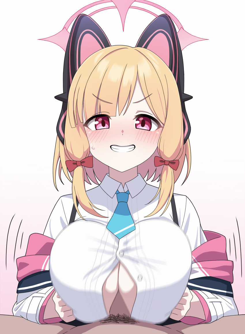 1boy 1girl absurdres alternate_breast_size animal_ear_headphones animal_ears blonde_hair blue_archive blue_necktie blush bow breasts collared_shirt fake_animal_ears gradient_background grin hair_bow halo headphones highres large_breasts long_sleeves looking_at_viewer male_pubic_hair momoi_(blue_archive) motion_lines necktie paizuri penis pink_halo pubic_hair red_bow red_eyes shirt short_hair smile vector_(dmlddmld00) white_shirt