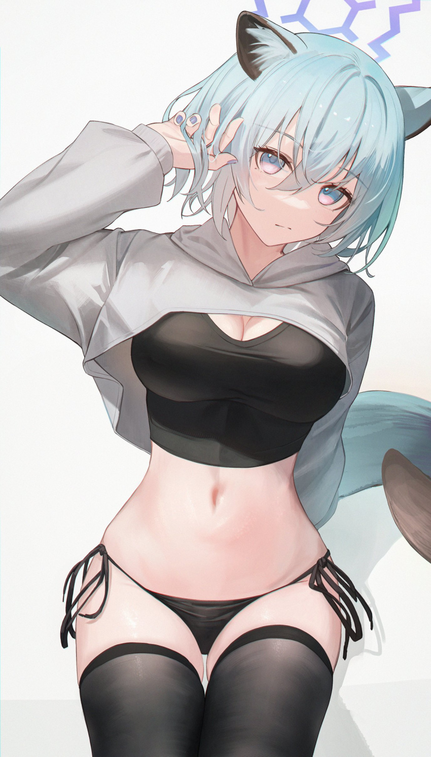 1girl absurdres alternate_costume animal_ears aqua_hair arm_up black_panties black_shirt black_thighhighs blue_archive blue_eyes blue_halo blue_nails breasts cleavage closed_mouth cowboy_shot crop_top cropped_shirt fingernails flippy_(cripine111) hair_between_eyes halo hashtag_only_commentary highres looking_at_viewer midriff nail_polish navel panties shadow shigure_(blue_archive) shirt short_hair side-tie_panties solo stomach tail thighhighs underwear weasel_ears weasel_girl weasel_tail white_shrug